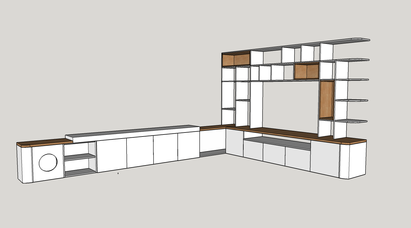 Rendu 3D d'un ensemble mural sur mesure réalisé avant fabrication